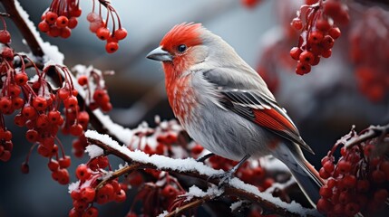 Snow-covered mountain ash with a bird