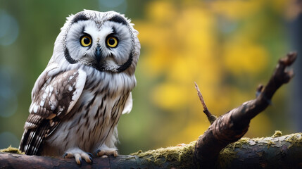 Boreal owl looking to the camera on branch with copy space. generative ai