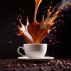 Fresh hot coffee, dynamic food photo with splash effect
