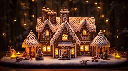 a beautiful and intricate gingerbread house with backlighting and lights from internal LED warm lights that are the same color as candles and fireplaces
