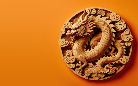 Concept of Chinese New Year 2024 dragon year. Texture, figure of wood dragon animal on an orange background. Copy space for text, advertising, banner, message