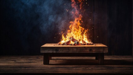 Burning Fire on Wooden Table on Dark Background, Fire Particles and Space for Product Presentation