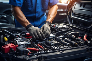 Expert mechanical with gloves repairing car battery and engine - obrazy, fototapety, plakaty