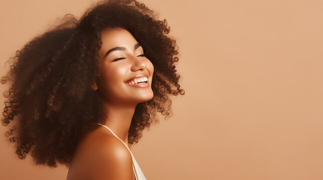 Beauty portrait of african american girl with clean healthy skin on beige background. Smiling dreamy beautiful black woman.Curly hair in afro style. generative ai.