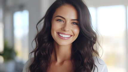 Big bright white smile headshot with a beautiful brunette woman sincere happy cheerful positive expression. generative ai.