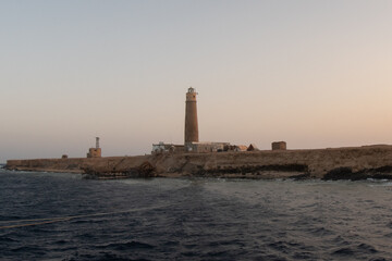 The lighthouse on the Big Brother Island during sunset, sea view, Red Sea, Egypt