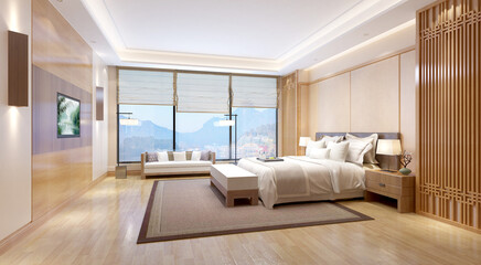 3d render. Modern hotel room interior scene.