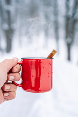 Mulled wine cup in hands in the forest. Winter hot drinks with aromatic spices of cinnamon, cardamom and orange. Warmth, comfort and atmosphere of December nature and Christmas