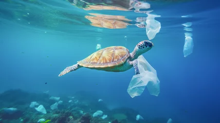 Muurstickers Wild sea turtle in transparent plastic bag swimming underwater representing concept of environmental pollution.   © BlazingDesigns