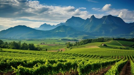 Fototapeta na wymiar Vineyard with beautiful mountain panoramas background wallpaper AI generated image