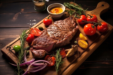 Steak with vegetables on a wooden kitchen board