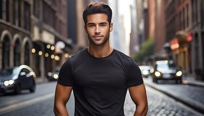 Portrait of a young European or American man, dark-skinned, wearing a black t-shirt, in the center of a street of a modern city.