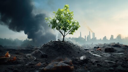 Green plants grow in a trash pollution environment background wallpaper AI generated image - obrazy, fototapety, plakaty