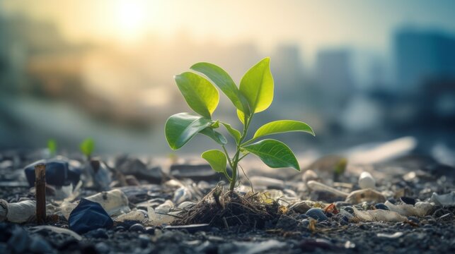 Green plants grow in a trash pollution environment background wallpaper AI generated image