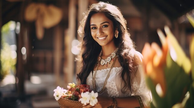 Beautiful Balinese woman in traditional cultural clothing background wallpaper AI generated image