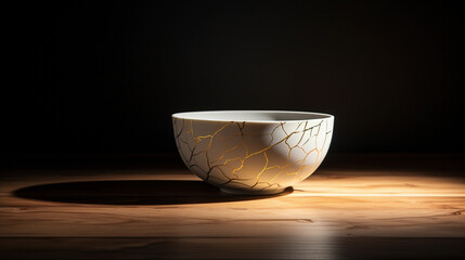 Kintsugi white bowl in wooden table top against dark black background - Powered by Adobe