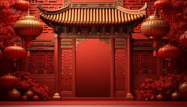 Chinese gate and lantern on red background, copy space text, decoration element for Years of the Wood Dragon 2024, Generative AI