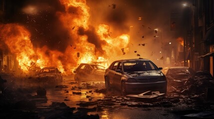 Fototapeta na wymiar Heavy fire with cars in the city background wallpaper AI generated image