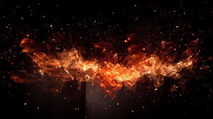 Fototapeta na wymiar Dynamic Night Fire: Glowing Sparks and Flames on a Black Background - Fiery Energy Igniting the Dark with Incandescent Heat and Vibrant Illumination.