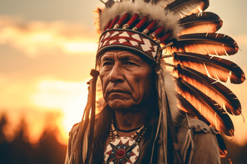 Portrait of native American Indian red wearing traditional dress with bird feature headdress with field meadow and grass nature with copy space background.