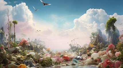 Garbage waste Trash in beautiful nature background wallpaper AI generated image - obrazy, fototapety, plakaty