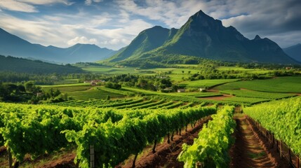 Fototapeta na wymiar Vineyard with beautiful mountain panoramas background wallpaper AI generated image