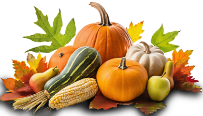 A Thanksgiving autumn harvest background with pumpkins, pears, leaves and corncobs isolated  on transparent background. 