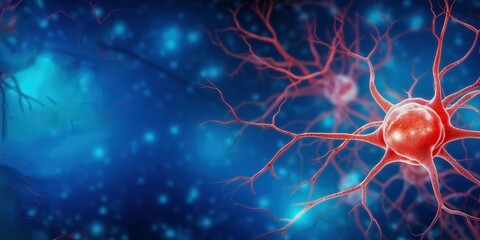 Red neuron and dendrites on blue background.