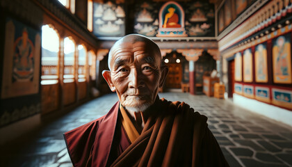 Portrait of an old Buddhist Monk against a temple background - obrazy, fototapety, plakaty