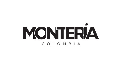 Monteria in the Colombia emblem. The design features a geometric style, vector illustration with bold typography in a modern font. The graphic slogan lettering.