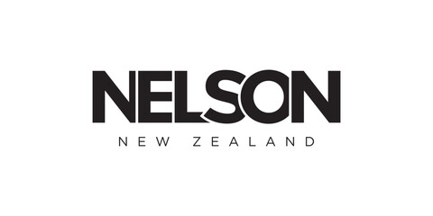 Nelson in the New Zealand emblem. The design features a geometric style, vector illustration with bold typography in a modern font. The graphic slogan lettering.