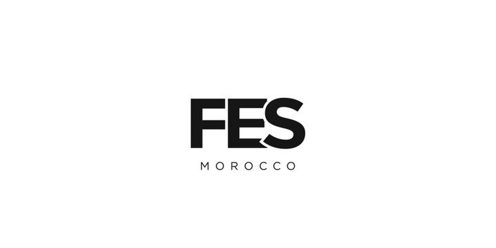 Naklejki Fes in the Morocco emblem. The design features a geometric style, vector illustration with bold typography in a modern font. The graphic slogan lettering.