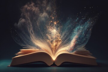 Open book with magical dust floating over it. Magical book, wisdom, fairytale