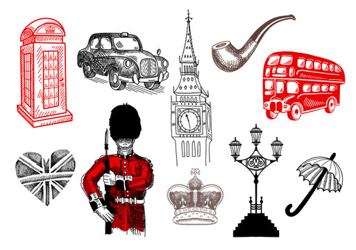 Great English London traditional symbols collection, United Kingdom object set vector illustration