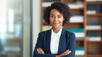 Portrait, lawyer and young black woman smile and happy standing against bookshelf.  - Powered by Adobe