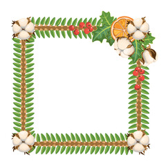 Square frame with fir branches and decorations.