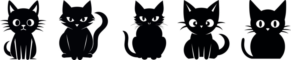 Cute cat silhouette collection, cat symbols, black and white, Vector illustration on white background, generative ai

