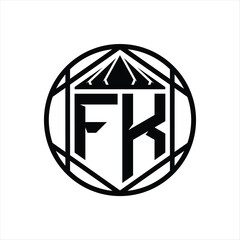 FK Letter Logo monogram hexagon slice crown sharp shield shape isolated circle abstract style design