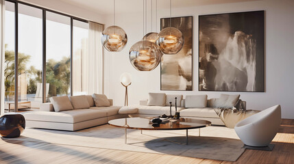 
The modern living room features long, sculptural pendants in a wide composition, enhancing metal and glass textures. Neutral tones create sophistication in a sleek architectural setting. - obrazy, fototapety, plakaty
