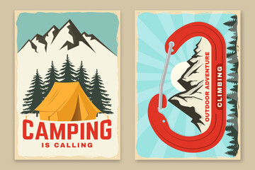 Set of camping retro posters. Vector. Vintage typography design with forest pine tree, camping tent, mountain and old metal climbing ice-axe silhouette. Outdoors adventure