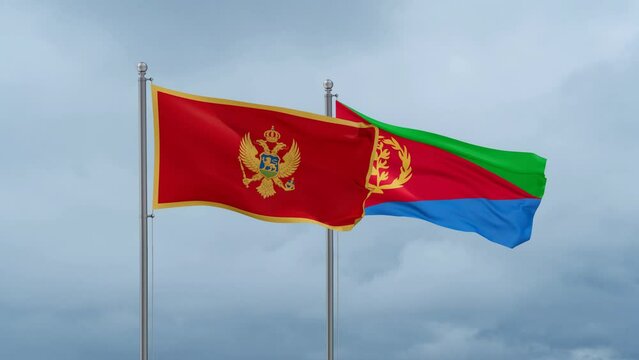 Eritrea and Montenegro flag waving together on cloudy sky, endless seamless loop, two country cooperation concept