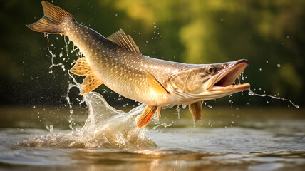 Big pike fish jump out of water with splashes. Fishing background. 
