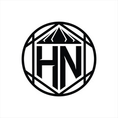 HN Letter Logo monogram hexagon slice crown sharp shield shape isolated circle abstract style design