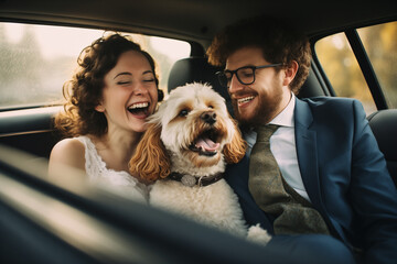 The newly married bride and groom went on a wedding trip by car with a dog - obrazy, fototapety, plakaty