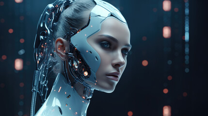 Futuristic cyborg woman, female humanoid robot. Artificial intelligence concept background