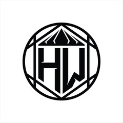 HW Letter Logo monogram hexagon slice crown sharp shield shape isolated circle abstract style design