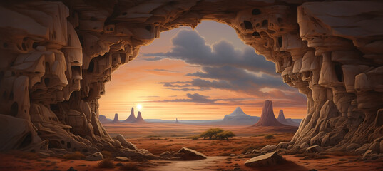 Inside sandstone cave entrance with scenic orange sunset view of desert valley - midday sunshine shelter from the hot and dry weather - distant rock formations and rain clouds in the sky over valley. - obrazy, fototapety, plakaty