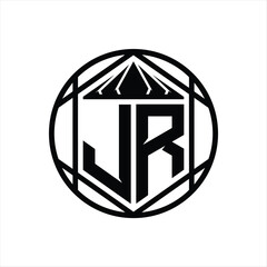JR Letter Logo monogram hexagon slice crown sharp shield shape isolated circle abstract style design