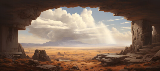 Inside sandstone cave entrance with scenic view of desert valley - midday sunshine shelter from the hot and dry weather - distant mountains and rain clouds in the sky over valley. - obrazy, fototapety, plakaty