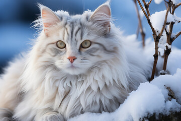 Naklejka na ściany i meble Cat with long hair in snow